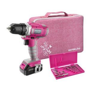 vrtací šroubovák aku, růžový, 12 V Li-ion, 1300 mAh, v tašce